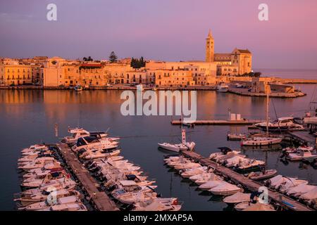 Blick auf den Jachthafen und die Altstadt am Abend, Trani, Apulien, Trani, Apulien, Italien Stockfoto
