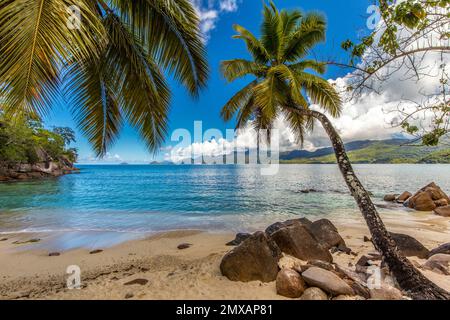 Ein malerischer tropischer Strand in Baie Lazare auf der Insel Mahe, Seychellen im Indischen Ozean Stockfoto