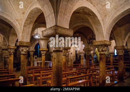 Untere Kirche mit dekorativen Säulen, der Kathedrale von San Valentino, Arbeiten der Lombard Schule, Bitonto, Apulien, Bitonto, Apulien, Apulien, Italien Stockfoto