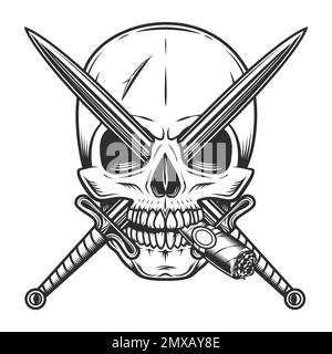 Klassischer Schädel, der Zigarren- oder Zigarettenrauch mit gekreuzten Schwertern raucht, isolierte Illustration Stockfoto