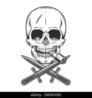 Gangsterschädel raucht Zigarren- oder Zigarettenrauch mit gekreuzten Messern in klassischer monochromer Einzeldarstellung Stockfoto