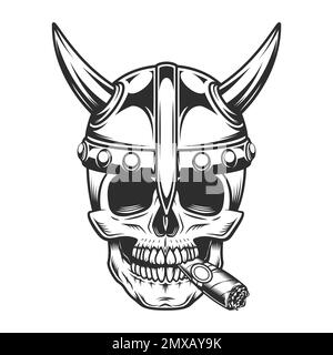 Wikinger-Emblem im Vintage-Stil mit Schädel, der Zigarren oder Zigarettenrauch raucht, ernster mittelalterlicher nordischer Krieger in Hörnerhelm und Kampfmesser Stockfoto