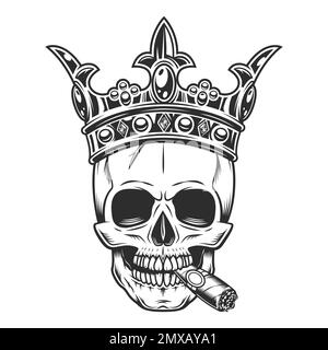Schädel raucht Zigarre oder Zigarettenrauch in Crown King Monochrom Illustration isoliert auf weißem Hintergrund. Klassische Krönung, elegante Königin oder König Stockfoto