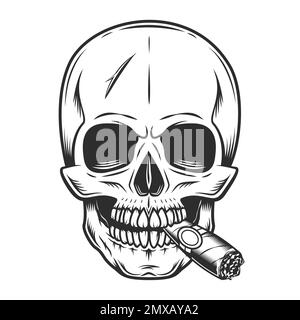 Klassischer, gruseliger menschlicher Schädel, der Zigarren- oder Zigarettenrauch-Tattoo-Schablone raucht, in einer monochromen, isolierten Illustration Stockfoto