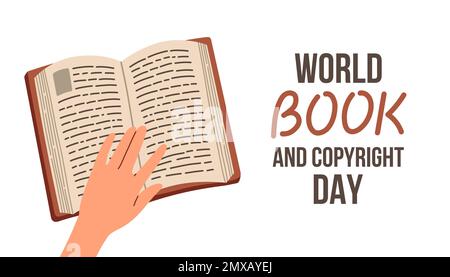 Weltbuch- und Copyright-Tag. Öffnen Sie das Buch mit der Hand auf weißem Hintergrund. Vektordarstellung wird gelesen. Stock Vektor