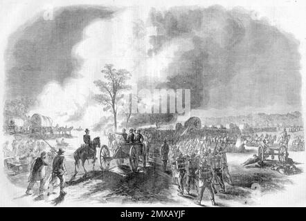 Die Schlacht um Seven Pines (auch bekannt als die Schlacht um Fair Oaks oder Fair Oaks Station) fand am 31. Mai und 1. Juni 1862 im Henrico County, Virginia, im Rahmen der Peninsula Campaign of the American Civil war statt. Es war der Höhepunkt einer Offensive auf der Virginia-Halbinsel, angeführt von Union Major General George McClellan, in der die Armee der Potomac die Außenbezirke von Richmond erreichte. Dieses Bild zeigt den Rückzug von General William Franklins Korps in der Schlacht von Fair Oaks am 29. Juni 1862. Stockfoto