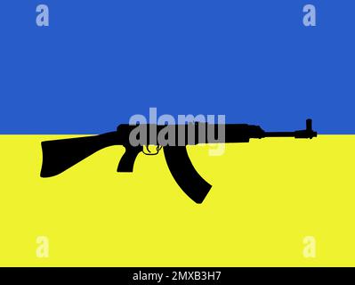 Die schwarze Kontur eines Retro-Sturmgewehrs über der ukrainischen Flagge symbolisiert den Widerstand gegen den Aggressor Stockfoto