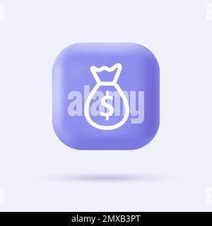 3D Symbol für eine Geldtasche auf einem realistischen violetten Knopf. Das Sparkonzept. Modernes Infologo oder Piktogramm. Vektor-Cartoon-Illustration Stock Vektor