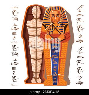 Pharao-Mumie-Cartoon-Vektordarstellung. Ende des Mumifizierungsprozesses, Einbalsamierung des Toten, menschliche Leiche wird mit Leinen umhüllt und in Sarkophag gelegt. Kult der Toten aus dem alten Ägypten Stock Vektor