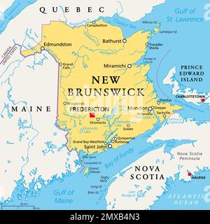 New Brunswick, Maritime und Atlantic Province of Canada, politische Karte. Grenzt an Quebec, Neuschottland, Golf von St. Lawrence, Bay of Fundy und Maine. Stockfoto