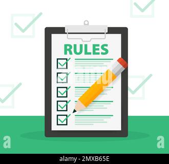Regeln, Checkliste mit Anforderungen. Prinzipien und Strategie. Vektordarstellung. Stock Vektor