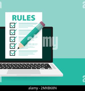 Regeln, Checkliste mit Anforderungen. Prinzipien und Strategie. Vektordarstellung. Stock Vektor