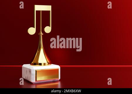 Goldener Musikpreis mit einem Hinweis auf rotem Hintergrund, Abbildung 3D Stockfoto