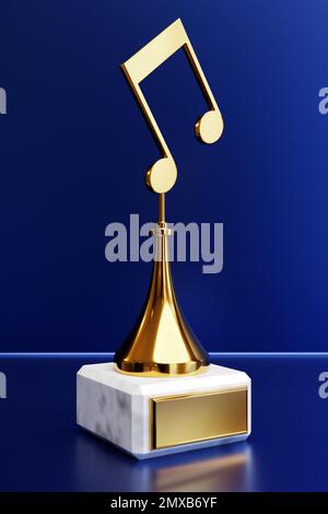 Goldener Musikpreis mit einer Notiz auf blauem Hintergrund, Abbildung 3D Stockfoto