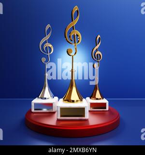 Goldener Musikpreis mit einer Höhenkappe auf blauem Hintergrund, Illustration von 3D Stockfoto