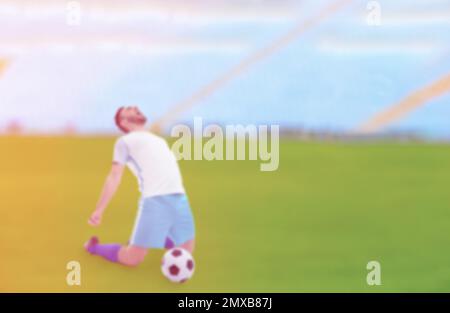 Verschwommener Blick auf jungen Mann, der im Stadion Fußball spielt, Platz für Text Stockfoto