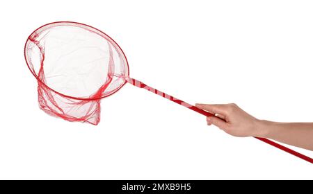 Frau mit hellem Schmetterlingsnetz auf weißem Hintergrund, Nahaufnahme Stockfoto