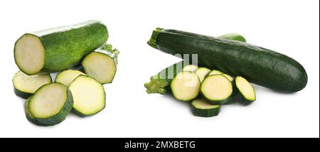 Set frischer reifer Zucchinis auf weißem Hintergrund. Bannerdesign Stockfoto