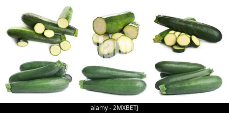 Set frischer reifer Zucchinis auf weißem Hintergrund. Bannerdesign Stockfoto