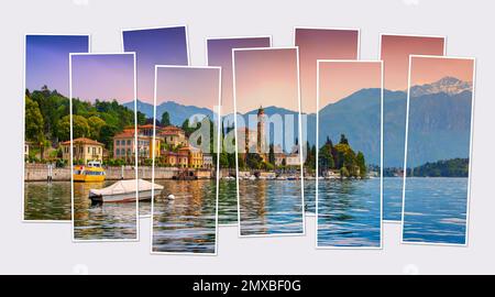 Isolierte zehn-Bild-Collage von Mezzegra, Tremezzo, Italien. Farbenfroher Sonnenuntergang im Frühling auf dem Comer See. Fantastischer Blick auf die italienischen Alpen am Morgen. Stockfoto
