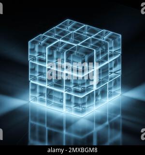 Abstrakte, im Dunkeln leuchtende Würfel 3D-Renderdarstellung Stockfoto