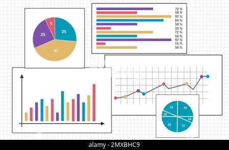 Satz verschiedener Diagramme auf quadratischem Papier Stockfoto