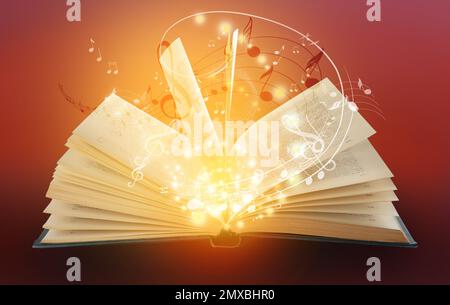 Symphonie mit musikalischen Noten aus einem offenen Buch auf burgunderfarbenem Hintergrund Stockfoto