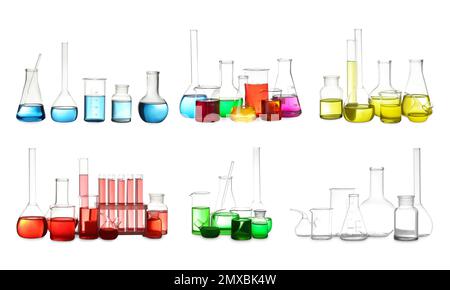 Laborglasgeräte auf weißem Hintergrund. Bannerdesign Stockfoto