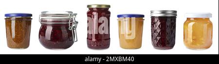 Set verschiedener Gefäße mit Papierstaus auf weißem Hintergrund. Bannerdesign Stockfoto