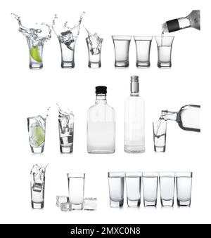 Set mit Flaschen und Wodka-Shots auf weißem Hintergrund Stockfoto