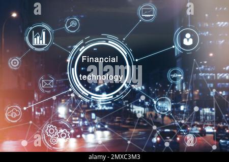 Finanztechnologiekonzept. Schema mit Symbolen im Hintergrund der Stadt Stockfoto