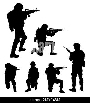 Collage mit Silhouetten von Soldaten auf weißem Hintergrund. Militärdienst Stockfoto