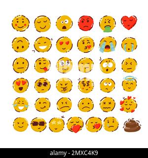 Große Auswahl an Emoticon-Lächelsymbolen. Zeichentrickfilm-Emoji-Set. Vektor-Emoticon-Set, Stock Vektor