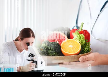 Wissenschaftlerin mit Mikroskop am Tisch und ihre Laborkollegin. Analyse der Lebensmittelqualität Stockfoto