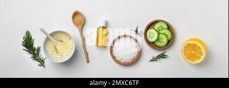 Frische Zutaten für hausgemachte kosmetische Produkte auf weißem Hintergrund, flach liegend. Bannerdesign Stockfoto