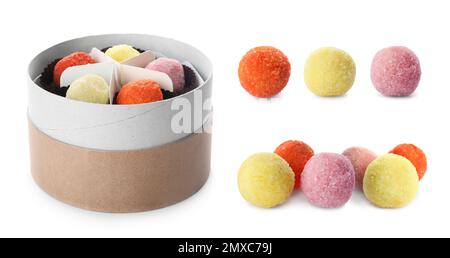 Set mit bunten Schokoladenbonbons auf weißem Hintergrund Stockfoto