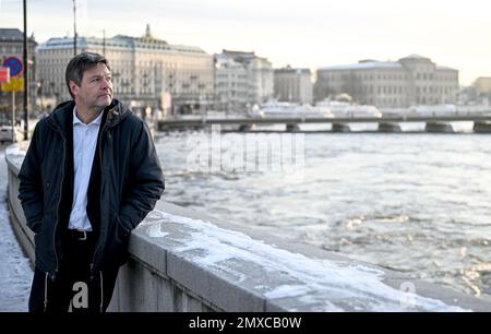 Stockholm, Schweden. 03. Februar 2023. Robert Habeck (Bündnis 90/die Grünen), Vizekanzler und Bundesminister für Wirtschaft und Klimaschutz, auf einem Morgenspaziergang entlang der Norrström. Gespräche über Handelspolitik und Zukunftstechnologien stehen auf der Tagesordnung von Habecks Reise nach Schweden. Kredit: Britta Pedersen/dpa/Alamy Live News Stockfoto