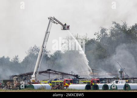 Rauch steigt von einem schweren Brand auf einem kleinen Industriegebiet in Suffolk Ackerland Stockfoto