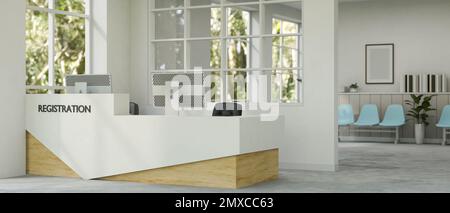 Moderne Einrichtung der Krankenhaus- oder Kliniklobby mit Meldeschalter, Wartebereich mit Sitz und Dekor. Innendesign des Medizinzentrums. 3D-Rendern Stockfoto