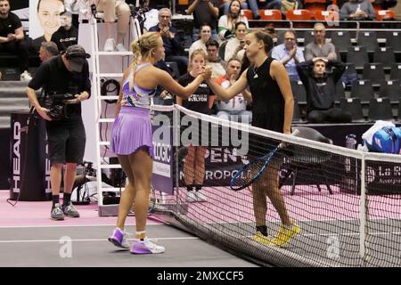 Lyon, Frankreich - 02/02/2023, Anastasia Potapova (RUS) nach dem Sieg gegen Clara Burel (FRA) bei den Open 6E Sens - Metropole de Lyon, WTA 250 Tennis Turnier am 2. Februar 2023 im Palais des Sports de Gerland in Lyon, Frankreich - Photo Patrick Cannaux / DPPI Stockfoto