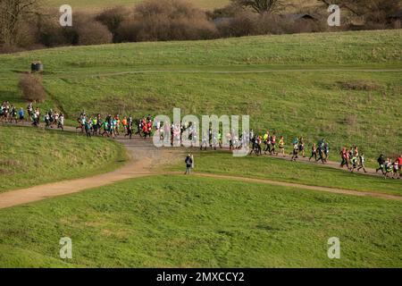 Ein Blick aus der Ferne auf Läufer bei einem Laufrennen (The Benfleet 15) im Hadleigh Country Park, Hadleigh, Essex. Stockfoto