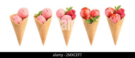 Set verschiedener Eiscremes in Waferkonen auf weißem Hintergrund. Bannerdesign Stockfoto