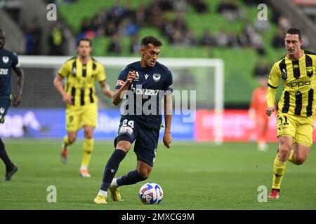 MELBOURNE, AUSTRALIEN. 3. Februar 2023, Melbourne Victory V Wellington Phoenix im AAMI Park. Nishan Velupillay. Kredit: Karl Phillipson/Alamy Live News Stockfoto