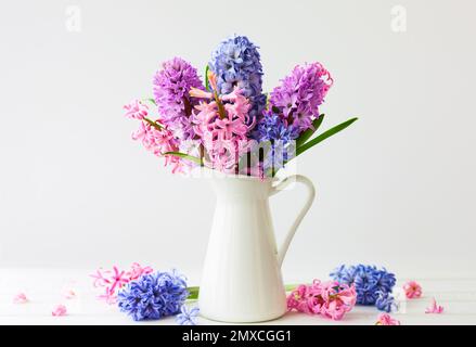 Blütenzusammensetzung mit lila und rosa Hyazinthen. Frühlingsblumen in Vase auf weißem Hintergrund. Stockfoto
