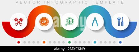 Infografik-Vektorvorlage für Automobil- und Werkstattservice mit Symbolsatz, verschiedenen Symbolen wie Kolben, Hobel, Schraubenschlüssel und Werkzeugen für webdesign und Stock Vektor