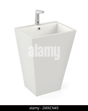 Keramik-Standwaschbecken mit Sensorhahn auf weißem Hintergrund Stockfoto