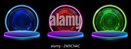 Set mit digitaler 3D-Technologie Cyberpunk-Podiumanzeige Blau, Rot, Grün leuchtende Neonfarben Lichtkreise rund geschwungener Hintergrund isoliert auf schwarzem b Stock Vektor