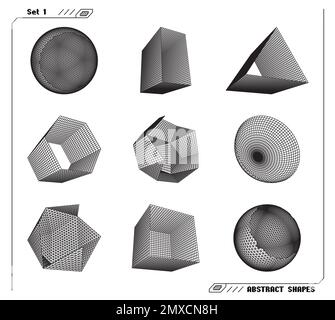 Set abstrakter 3D-Drahtmodellformen oder -Elemente mit offenen Kanten. Wissenschaftliche und geometrische Abstraktion mit verformten Formen. Stock Vektor