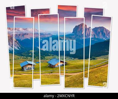 Isolierte 8-Bilder-Collage des Sonnenaufgangs auf Sassolungo (Langkofel) und Sella-Gruppe, Tal Gardena. Nationalpark Dolomiten, Italien, Europa Stockfoto
