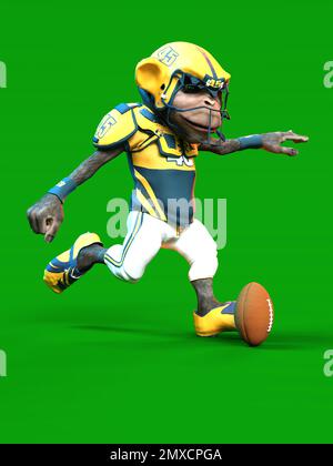 3D-Darstellung eines süßen und lustigen menschlichen Cartoon-Affentieres als american Football-Spieler Stockfoto